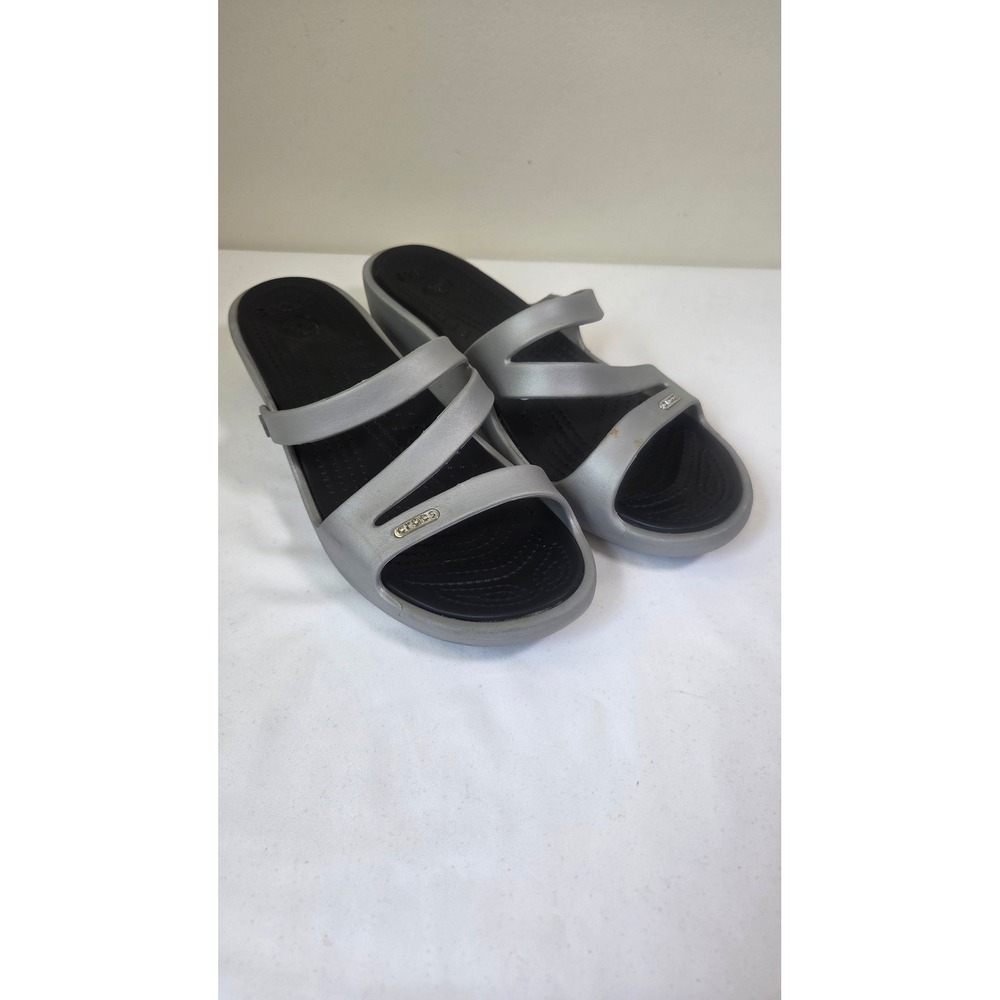 Crocs Patricia Silver Black Wedge Sandals Womens 11 Strappy Slide Comfort Shoes